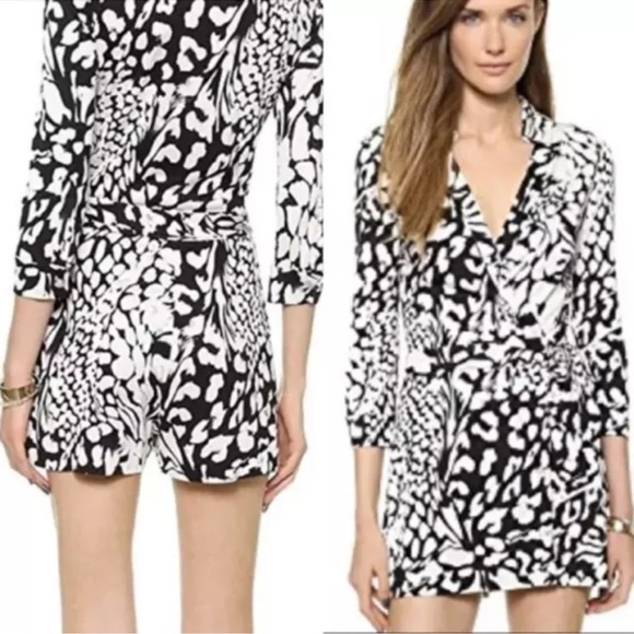 NWT DVF Romper Celeste Feather Leopard 100% Silk Jersey 3/4 Sleeve Size 12 Mono - Picture 2 of 10